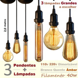 3 Luminárias Pendente 2m + 3 Lâmpadas Retro Vintage Gd