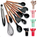 Kit Utensílios Cozinha Gourmet Silicone Cabo Madeira 12pçs