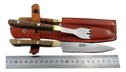 Cuchillo, Tenedor Y Chaira Artesanal 11 Cm Grab Láser Opc.