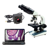 Kit Microscópio Biológico Binocular Led 1600x C/ Câmera 5mp Cor Branco 110v/220v