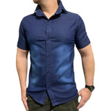 Camisa Jeans Slim Manga Curta Social Masculina Com Elastano