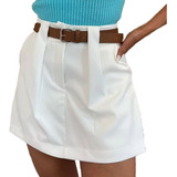 Short Saia Alfaiataria Feminino Cinto Couro Social Bolso Top