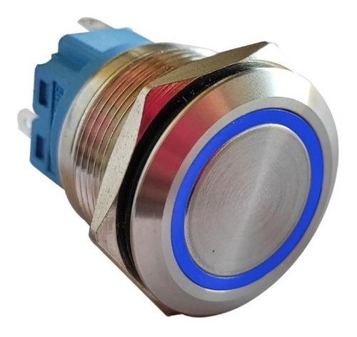 Pulsador De Metal Led Azul 22mm Con Retención + Cable Conec