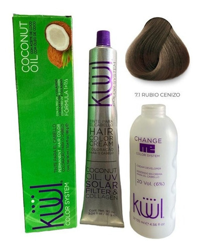 Kit Tinte De Cabello Kuul 90 Ml Naturales + Peroxido 20 Vol Tono 7.1 Rubio Cenizo