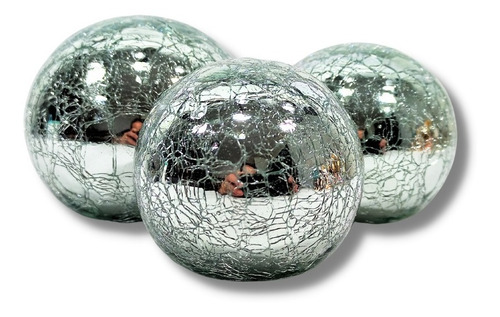 Kit Decoração Esferas 3 Bolas De Vidro Craquelado Espelhado Cor Prata