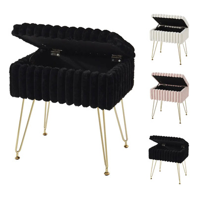 Taburete Negro De Tocador Aterciopelado Con Espacio Oculto-muebles para sala y dormitorio | Meses sin interés