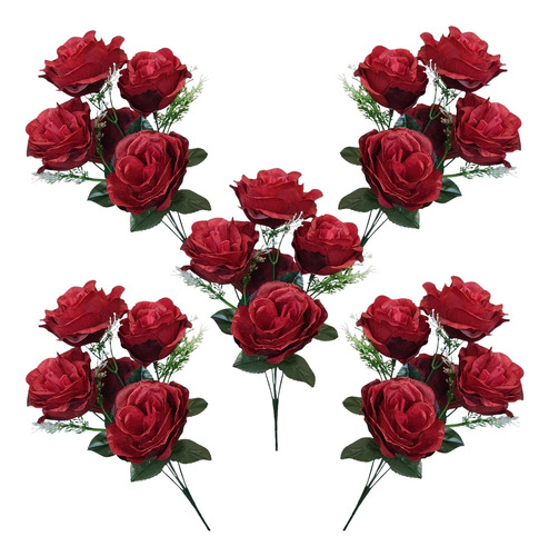 Kit 5 Buquê Artificial Rosas Grandes Com Folhas Decorativas