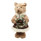 Ursa De Palha Com Vestido De Lã E Guirlanda Decor Natal 36cm