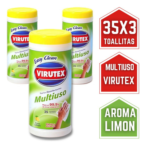 Toallitas Desinfectantes Virutex Multiuso 3 Potes X 35un 