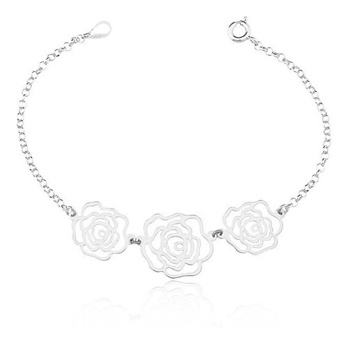 Pulseira Flor Rosa Vazada 18cm Prata 925