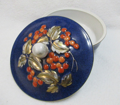Bombonera Alhajero Caja Decorativa Porcelana Japonesa Azul Decorada A Mano Frutos En Relieve Noritake Made In Japan