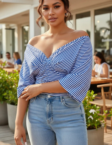Blusa Curvy Rayas Escote En V Cintura Elástica Talla Grande | Meses sin interés