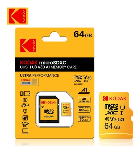 Cartao Memoria Micro Sd Kodak Xc 64 Gb U3 V30 A1 + Adaptador