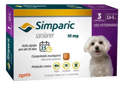 Simparic Antipulgas 10mg 2,5 A 5kg C/3 Comprimidos. Original