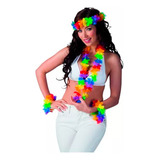 Pack Juego Collar Hawaianas De Flores Pulsera Diadema Fiesta