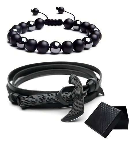 2 Pzs Brazalete De Cuentas Obsidiana Y Pulsera Hombre Hacha Diámetro 21 Cm