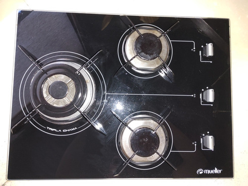 Cooktop Mueller 3 Bocas, Tripla Chama, Vidro Preto