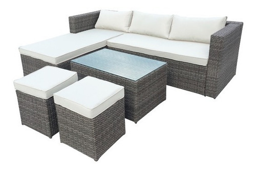 Set Rattan Modelo New Meissa Color Gris Almohadones Beige