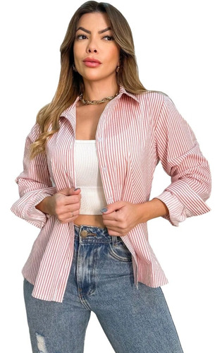 Camisa Social Feminina Algodão Com Listras Tendência Luxo