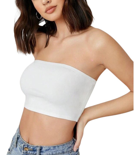 Crop Top Tubo Mujer Blanco Básico Sexy Licra Sin Tirantes