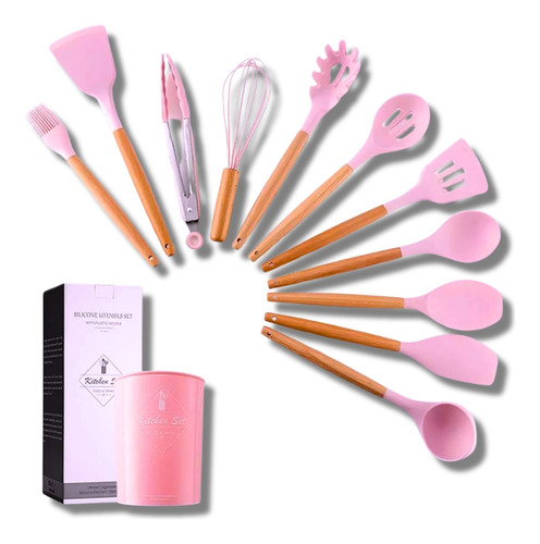 Kit 12 Utensílios Cozinha Silicone Cabo De Madeira Espátula