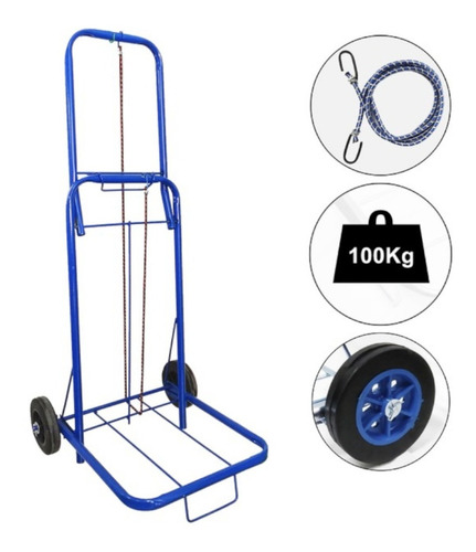 Carrinho Preto Azul Zincado Dobrável Transporte 100kg C/nota