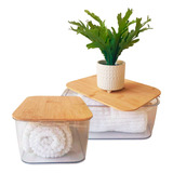 Set X2 Cajas Acrilico Canasto Con Tapa Bamboo Organizador