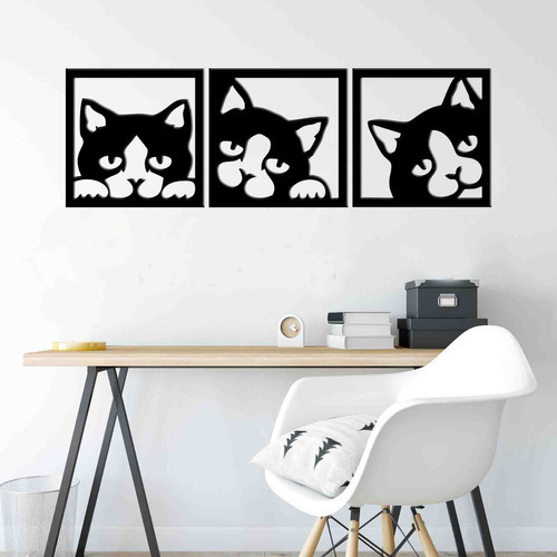 Trio Quadro Decorativo Vazado Gato - Mdf-3mm Cor Preto