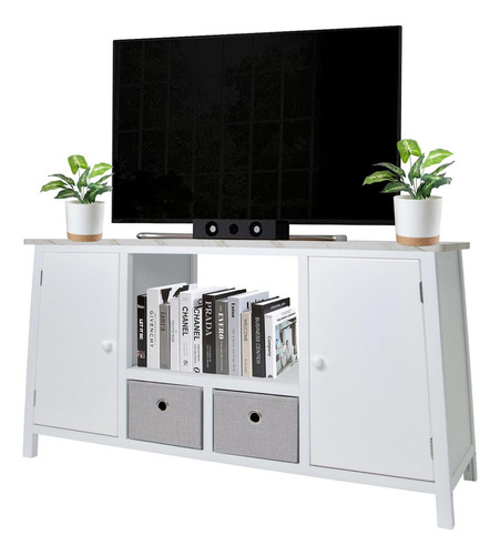 Mueble Para Tv De Madera Comoda Cajonera Tela Repisas Hogar Color Blanco