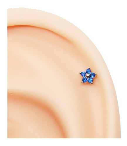 Piercing Helix Tragus Flor Azul Royal Folheado A Ouro Branco