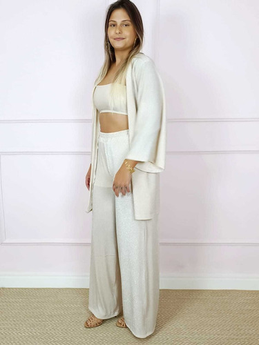 Conjunto Feminino Calça Top Cropped E Kimono Lurex Shine