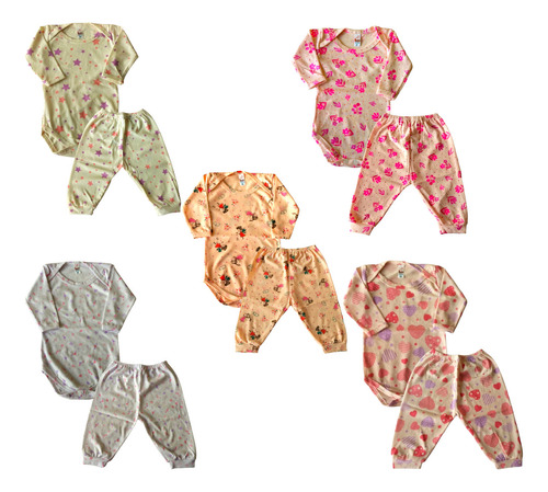 5 Pijamas Conjunto Prematuro - 5 Body + 5 Calça Pagao Bebê