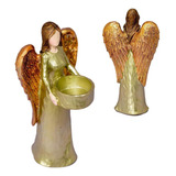 Anjo Castiçal Resina Decoração Pequeno Dourada 19cm