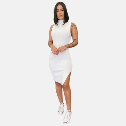 Vestido Midi Curto Tubinho Social Elegance Com Fenda Lateral