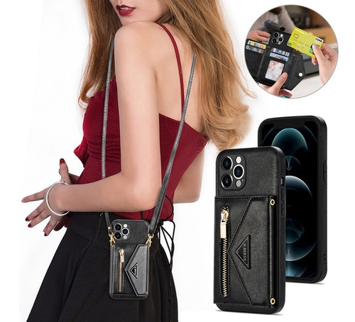 Funda De Cuero Para iPhone Cartera Bandolera Con Tarjetero W