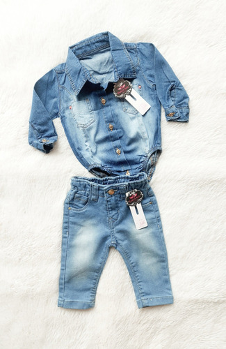 Kit Infantil Calça Jeans Estilosa E Body Camisa Bebê Menina 
