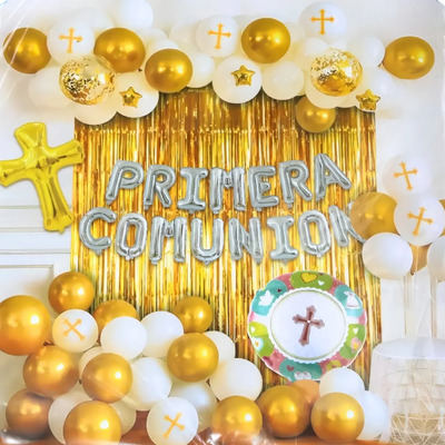 Globos Primera Comunión Blancos Dorados Kit Decoración Plastiglobos Blanco/dorado