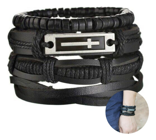 Pulsera Hombre Conjunto 4 En 1 Pulsera Cuero Dije Cruz Acero