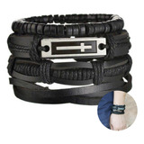 Pulsera Hombre Conjunto 4 En 1 Pulsera Cuero Dije Cruz Acero