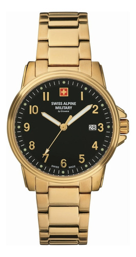 Reloj Swiss Alpine Military By Grovana Leader 7011.1117sam Malla Dorado Bisel Dorado Fondo Negro