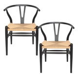 Pack 2 Sillas Madera Y Rattan Diseño Wishbone Natural/negro