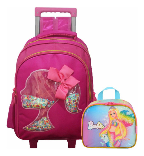 Mochila De Rodinhas Lancheira Térmica Barbie Impermeável Cor Rosa Desenho Do Tecido Boneca