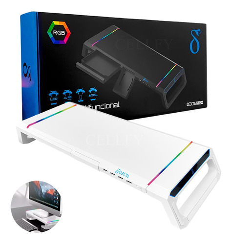 Suporte P/ Monitor Funcional Gamer Hub Usb Led Rgb Flexível