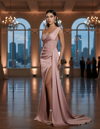 Vestido Fiesta Elegante Lentejuelas Satinado Abertura Pierna | Envío gratis