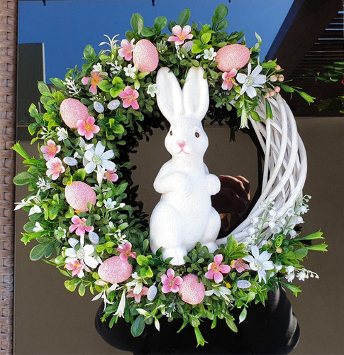 Corona De Pascua Con Conejitos Y Huevos De Colores