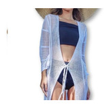 Saída Moda Praia Tricot Longa Kimono Manga Longa Estilo