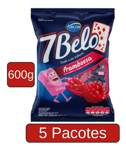 Kit 5 Sacos De  Bala Arcor 7 Belo Framboesa 600g