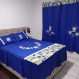 Conjunto Para Cama De Casal Box Com Cortina Combinando 