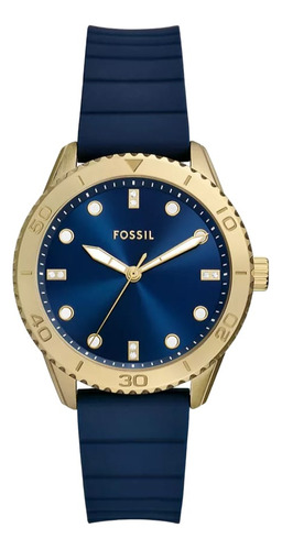 Reloj Fossil Para Dama Bq3960 Silicona Azul Con Dorado 36 Mm