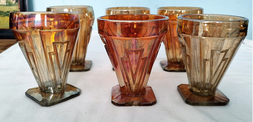 Juego 6 Vasos Antiguos Art Decó Carnival Glass, 2 Chips Base